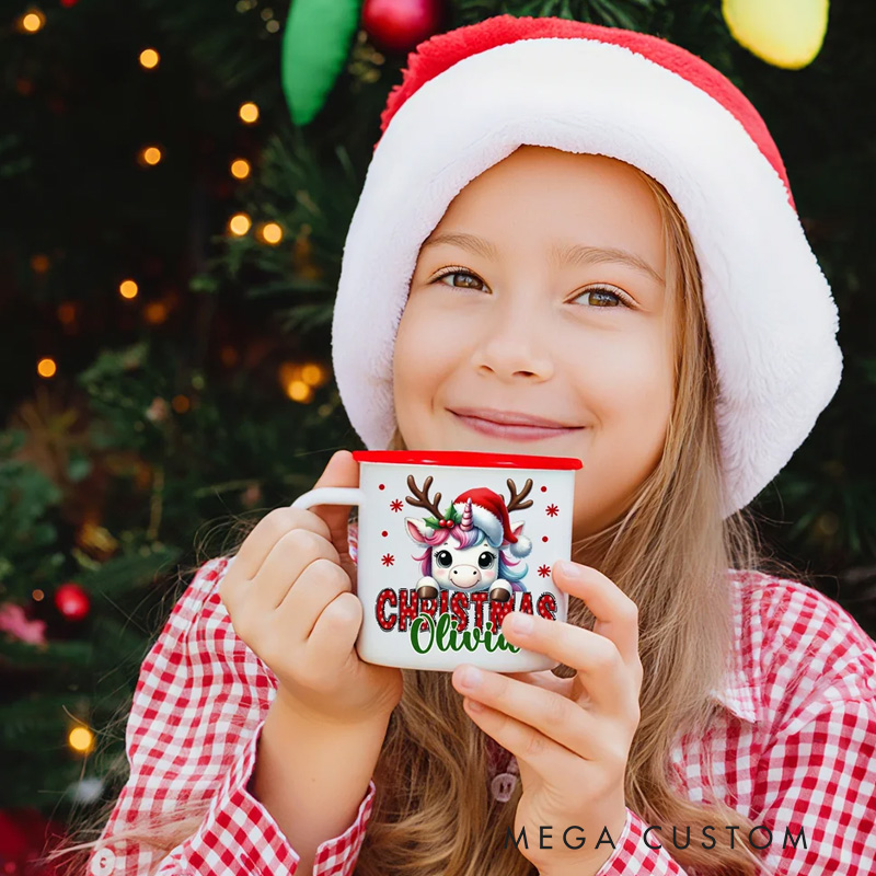 Personalized Christmas Santa Hat Cute Animal 12 oz Multicolor Enamel Mug with Name Christmas Gift