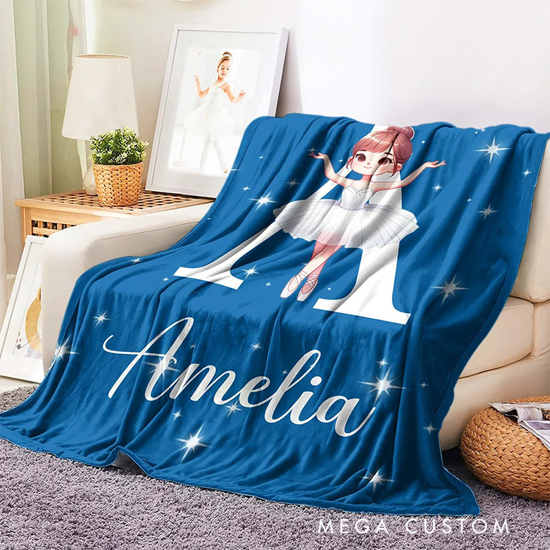 Personalized Cartoon Swan Lake Ballet Girl Stars Blanket Flannel Blanket Ballet Lover Blanket with Name for Dance Lovers Dancer
