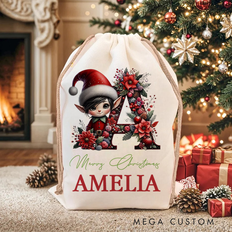 Personalized Cute Christmas Elf Floral Initial Ceramic Christmas Sack with Name Christmas Decor Gift