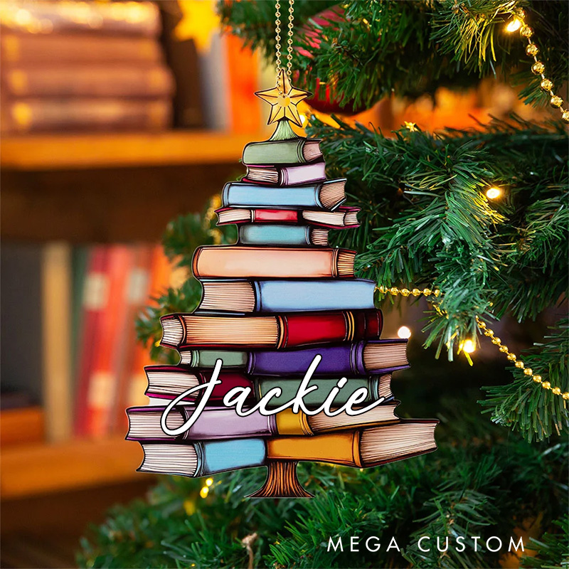 Personalized Book Tree Suncatcher Christmas Ornament Holiday Tree Window Car Decor with Name Birthday Book Club Gift for Bookworms Librarians