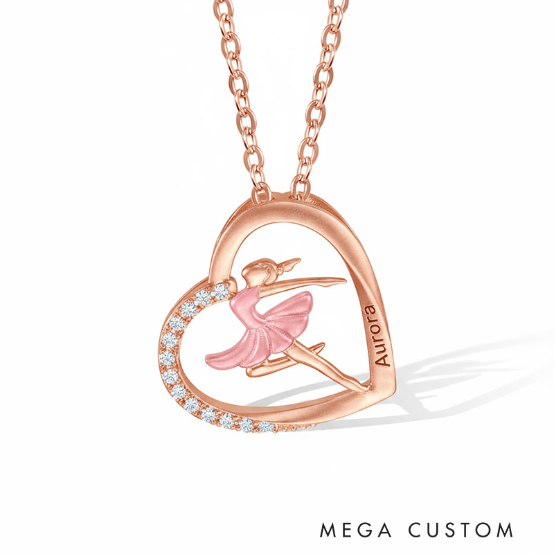 Personalized Ballet Dancing Girl Necklace Engraved Name Heart Pendant Jewelry Gift for Ballerina Dancer Dance Lovers