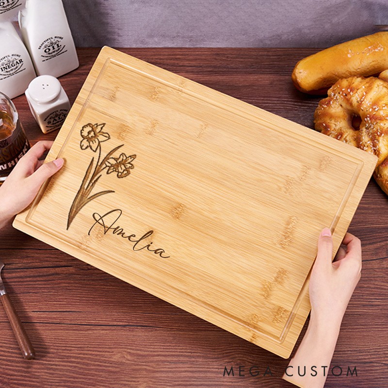 Personalized Line Style Birth Flower Cutting Board for Bakers Bamboo Charcuterie Serving Tray Thanksgiving Bread Board for Baking Lover Gift