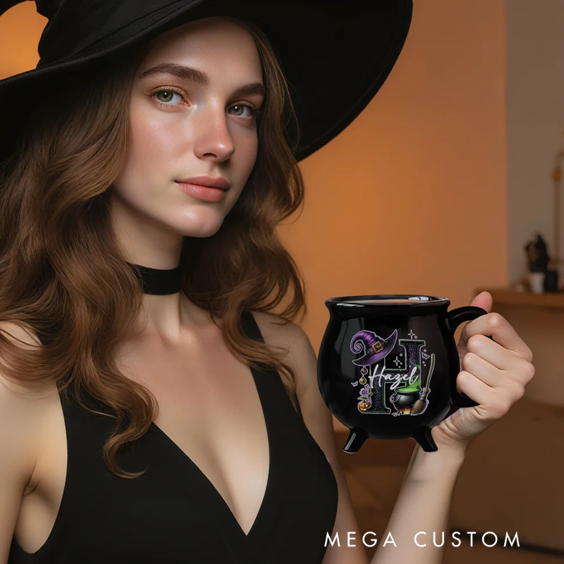 Personalized Magic Pot and Witch Hat Glitter Initial Black Cauldron Ceramic Coffee Mug with Name Trick or Treat Halloween Party Gift