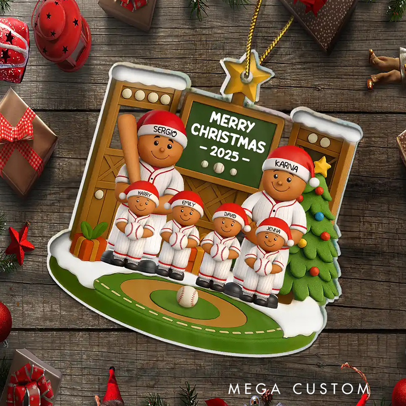 Personalized Acrylic 3D Christmas Ornament Baseball Gingerbread Family on the Field with Custom Family Details