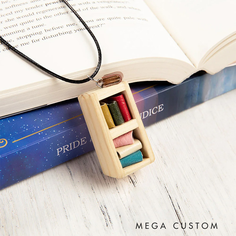 Personalized Handmade Miniature Bordeaux Bookshelf Necklace with Name Wooden Necklace with Name and Leather Books Gift for Bookworms Book Lovers Gift
