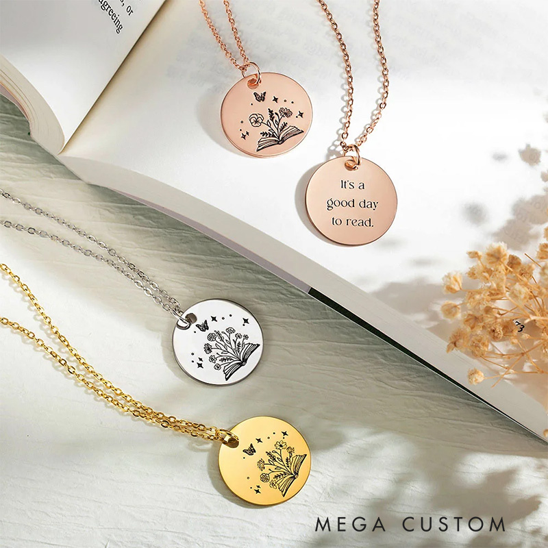 Personalized Open Book Birth Flower Bouquet Necklace Engraved Necklace with Name Text Birthday Gift for Book Lover Librarian Gift