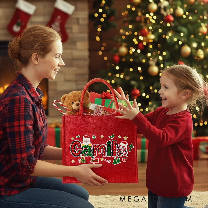 Personalized Cross Santa Claus Christmas Theme Alphabet Large Jute Tote Bag with Name Religious Christmas Festival Party Gift for Kids Family Friends
