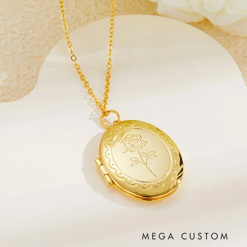 Personalized Engraved Birth Flower Locket Necklace with Photo and Initial Mother's Day Birthday Gift for Women Gardening Lovers