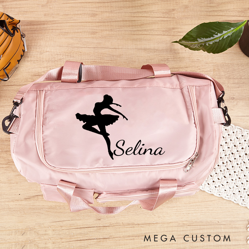 Personalized Ballet Silhouette Name Waterproof Large Travel Duffle Bag Dance Bag with Shoe Compartment and Shoulder Strap for Dance Lover