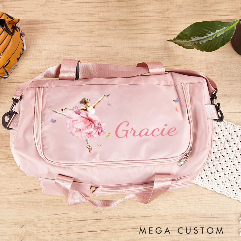 Personalized Ballet Girl Birth Flower Butterfly Waterproof Large Travel Duffle Bag Dance Bag with Shoe Compartment and Shoulder Strap for Dance Lover