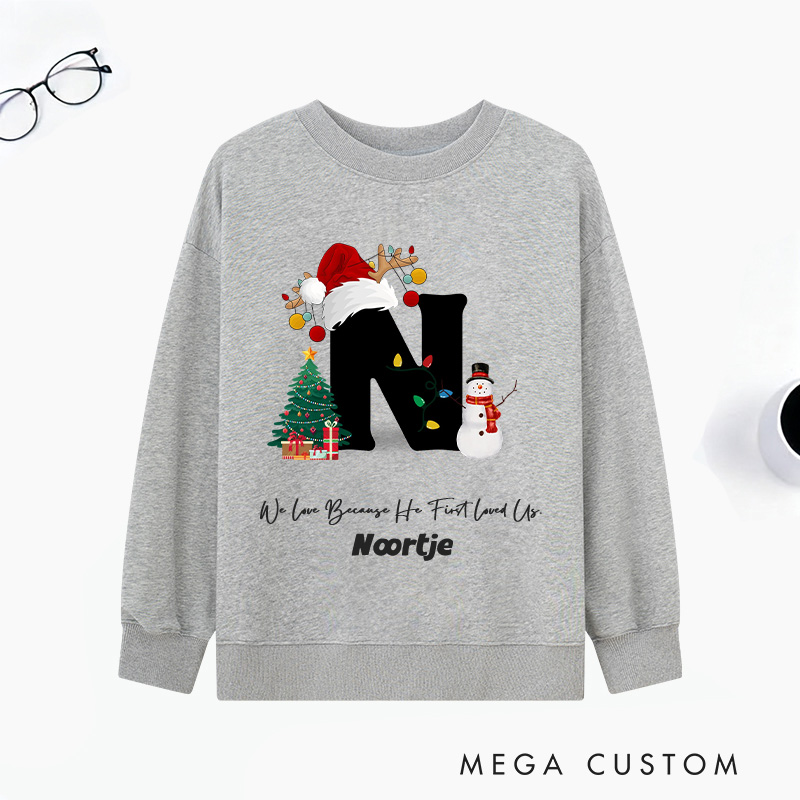 Personalized God’s Love Christmas Trees Snowmen Multicolor Classic Sweatshirt with Initial and Name Religious Christmas Gift for Couple Family Friends