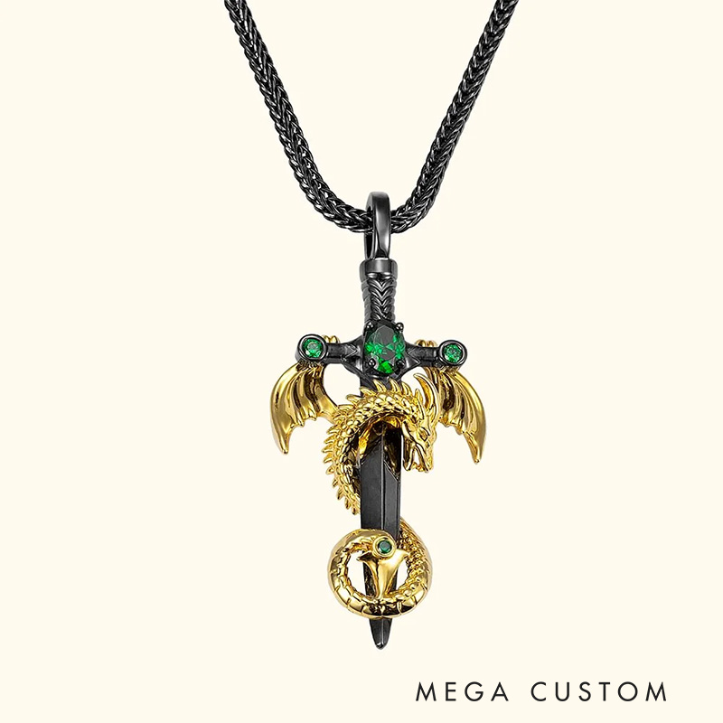 Personalized Wing Dragon Wrapped Sword Necklace with Birthstone Gothic Pendant Jewelry Birthday Gift for Rock Punk Lovers Book Lovers Gift