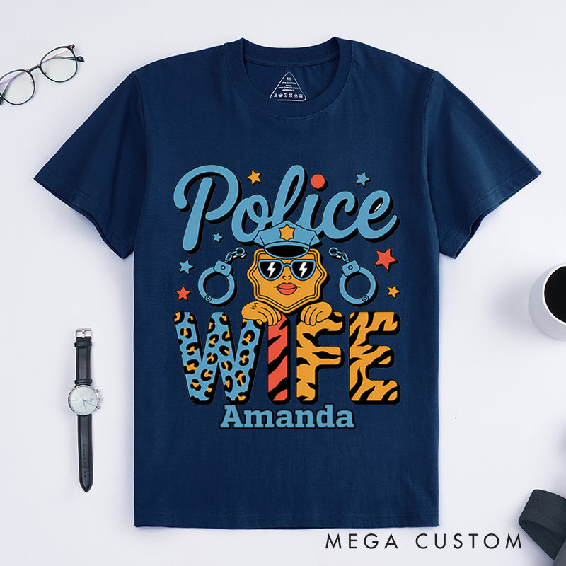 Personalized Police Wife T-Shirt with Fun and Colorful Design Featuring Handcuffs and Stars Gift for Law Enforcement Wives