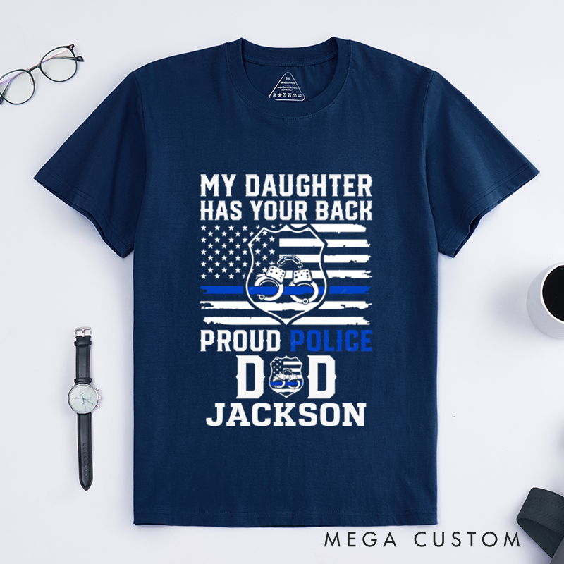 Personalized Proud Police Dad T-Shirt with Thin Blue Line Flag and Handcuff Design Gift for Fathers of Officers