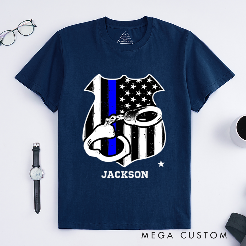 Personalized Thin Blue Line Police Shield T-Shirt with Handcuff and American Flag Design Gift for Law Enforcement Supporters