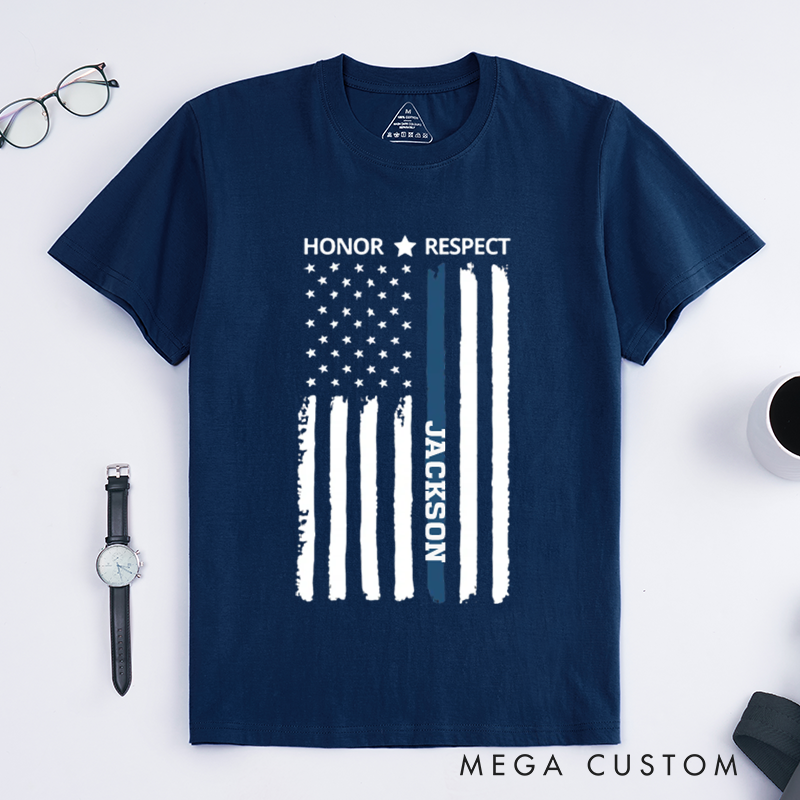 Personalized Honor and Respect T-Shirt with Thin Blue Line American Flag Design Gift for Law Enforcement Supporters