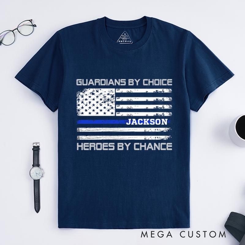 Personalized Guardians by Choice T-Shirt with Thin Blue Line American Flag Design Gift for Law Enforcement Supporters