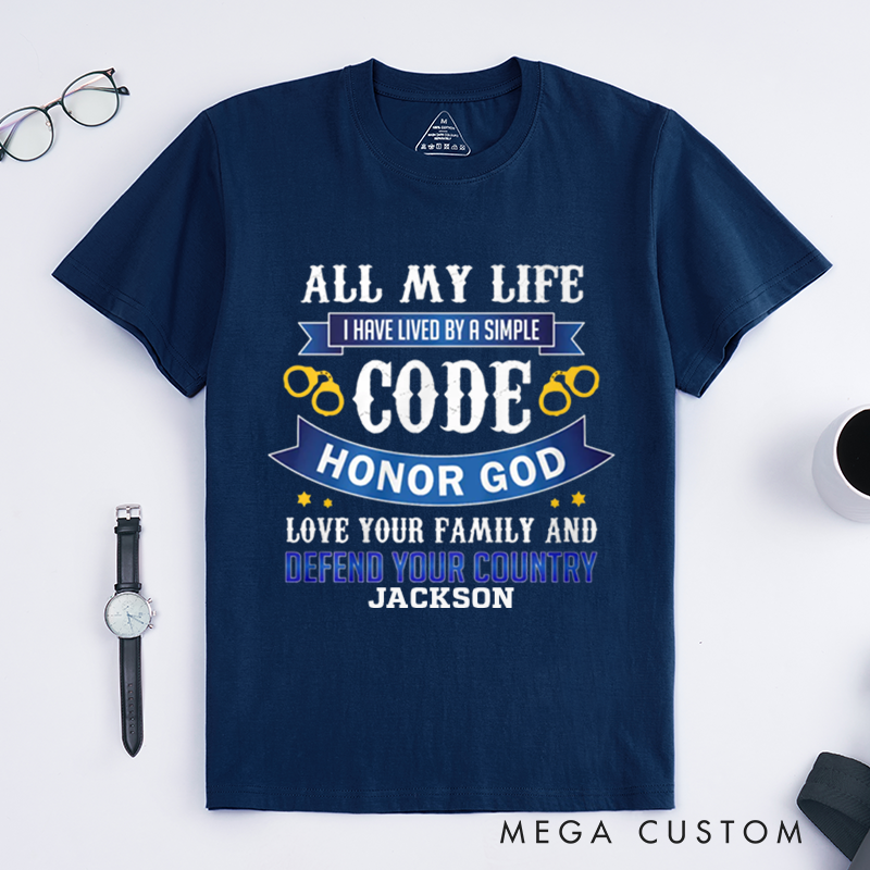 Personalized Simple Code T-Shirt God Family and Country Featuring Handcuffs Gift for Patriotic Law Enforcement Supporters