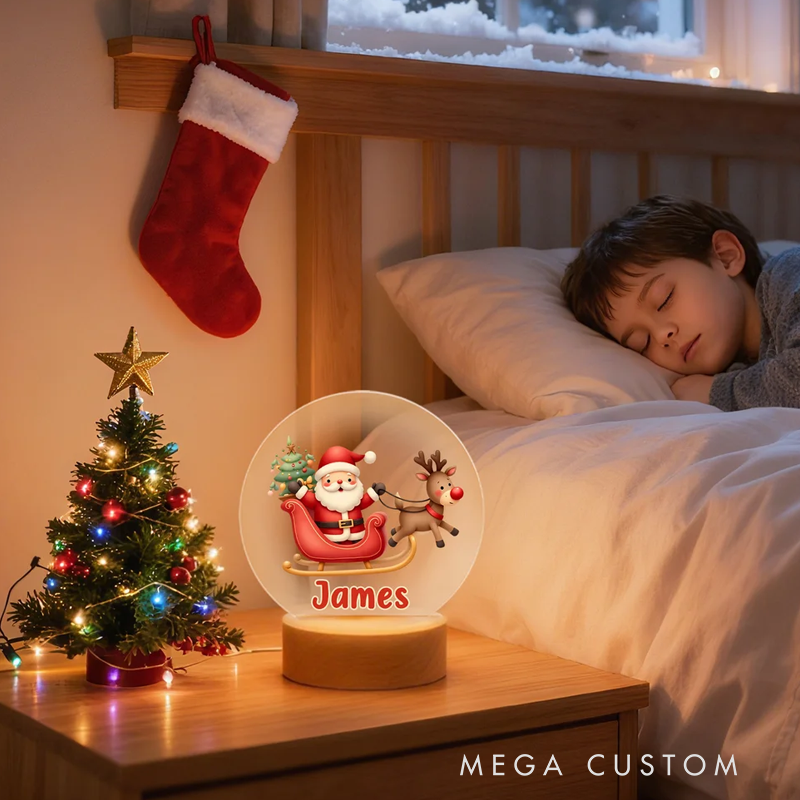 Personalized Cartoon Santa Claus Acrylic LED Night Light with Name and Wooden Base Room Decor Christmas Gift for Kid Baby