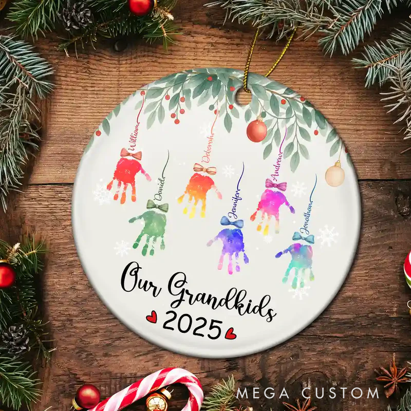 Personalized My Grandkids Handprints Circle Ceramic Ornament