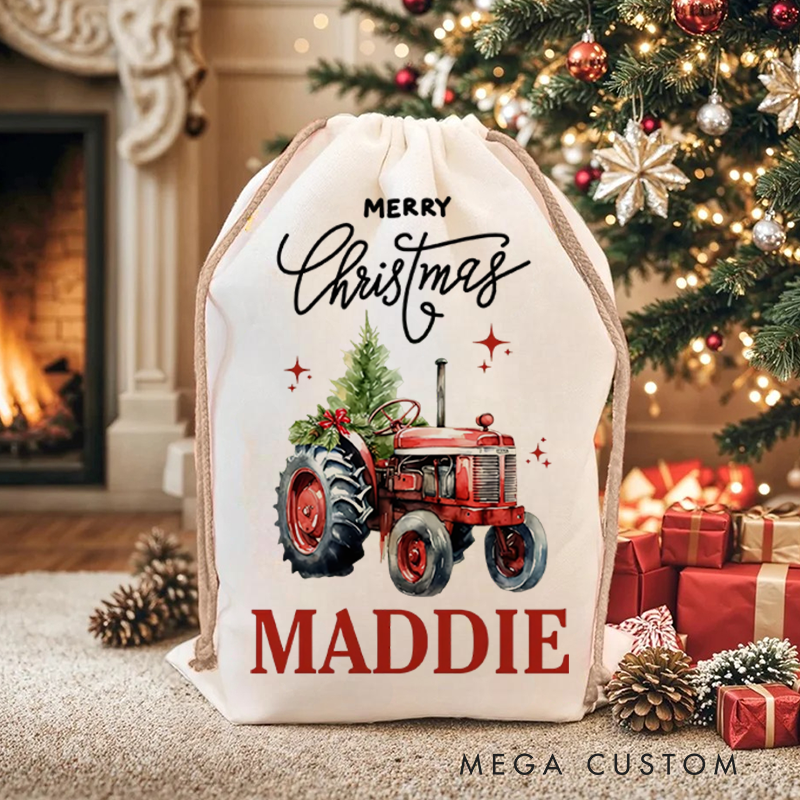 Personalized Merry Christmas Truck Drawstring Canvas Gift Bag with Name Christmas Party Gift for Kids Family