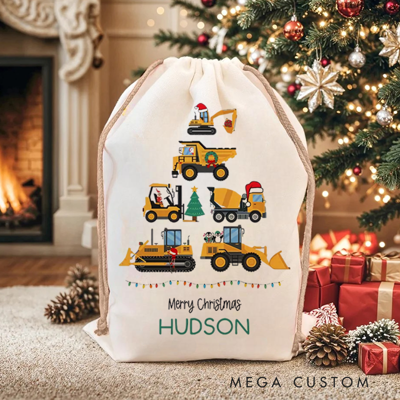 Personalized Merry Christmas Tractor Drawstring Canvas Gift Bag with Name Christmas Party Gift for Kids Family