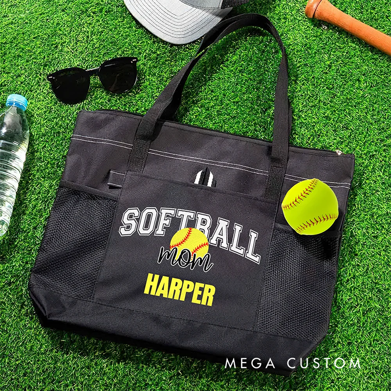 Personalized Sports Mom Tote Bag with Custom Name and Number Design