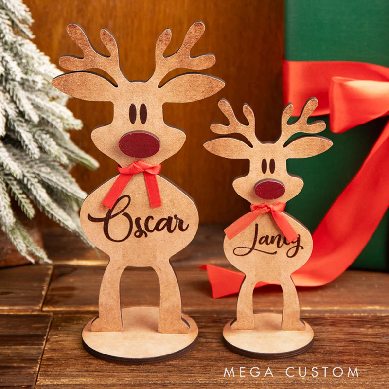 Personalisiertes Holz-Rentier mit Roter Nase und Schleife Tischdeko mit Namen Weihnachtsdeko Party Weihnachtsgeschenk für Familie Kinder