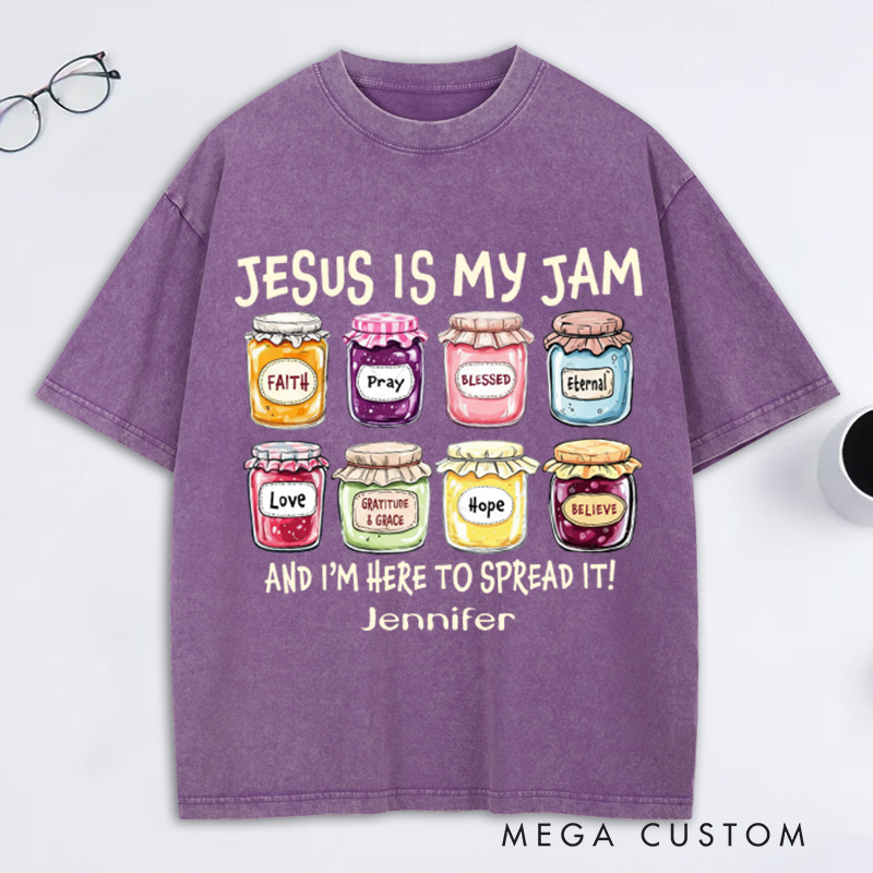 Personalized Jesus is My Jam Washed T-Shirt with Name Retro Shirt Religious Gift for Christian Women