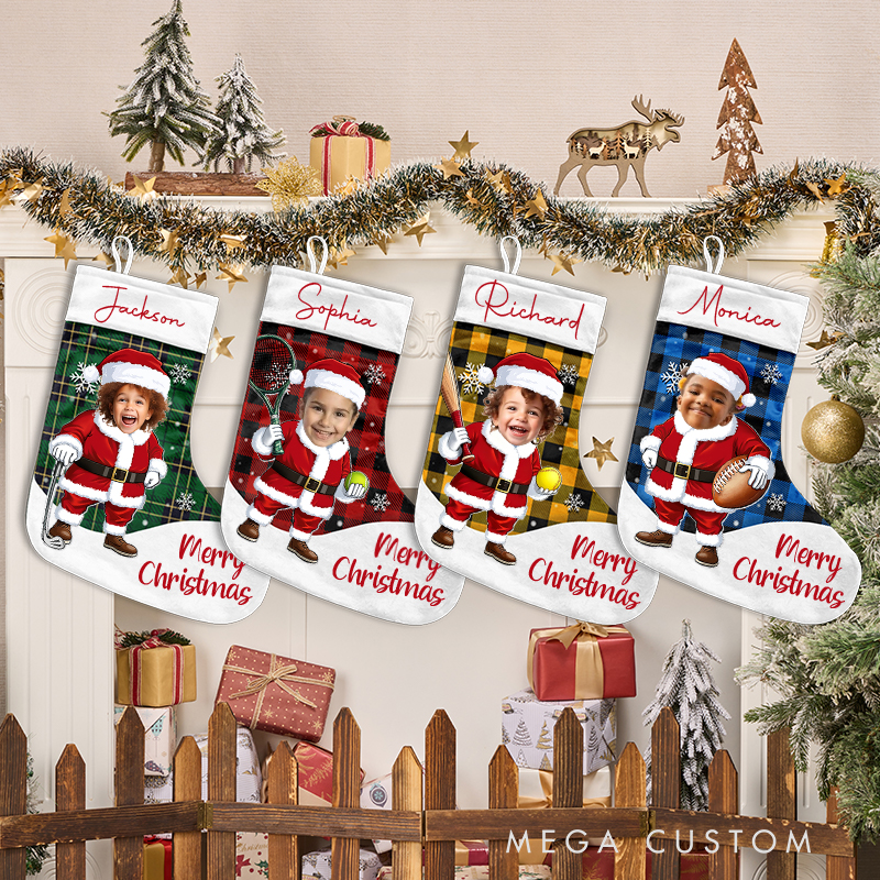 Personalized Plaid Christmas Stocking with Sporty Santa Photo and Name  