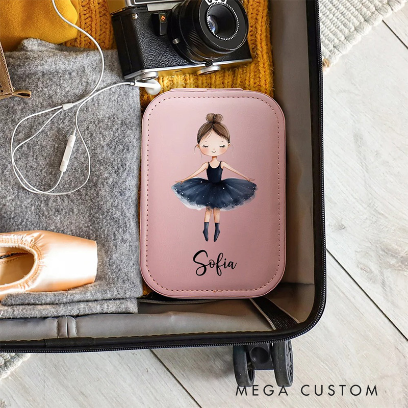 Personalized Cartoon Ballerina Girl Leather Jewelry Box with LED Makeup Mirror Hair Pin Case Birthday Wedding Gift for Women