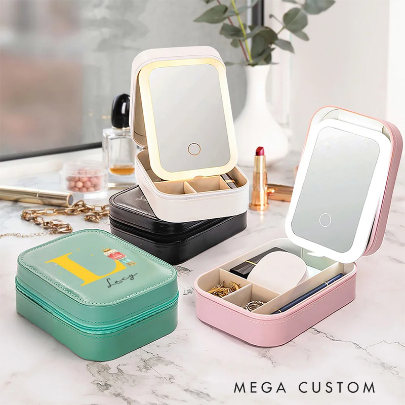 Personalized Classic Fairy Tale Character Leather Jewelry Box with LED Makeup Mirror Hair Pin Case Birthday Wedding Gift for Women