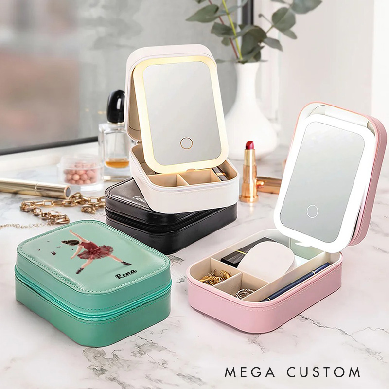 Personalized Cartoon Ballet Girl Leather Jewelry Box with LED Makeup Mirror Hair Pin Case Birthday Wedding Gift for Women