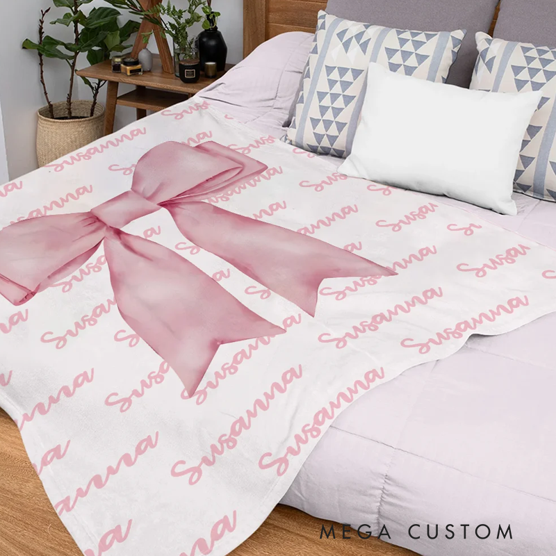 Personalized Girly Pink Coquette Bow Soft Throw Blanket with Repeating Names Trendy Home Decor Birthday Gift for Women Girls