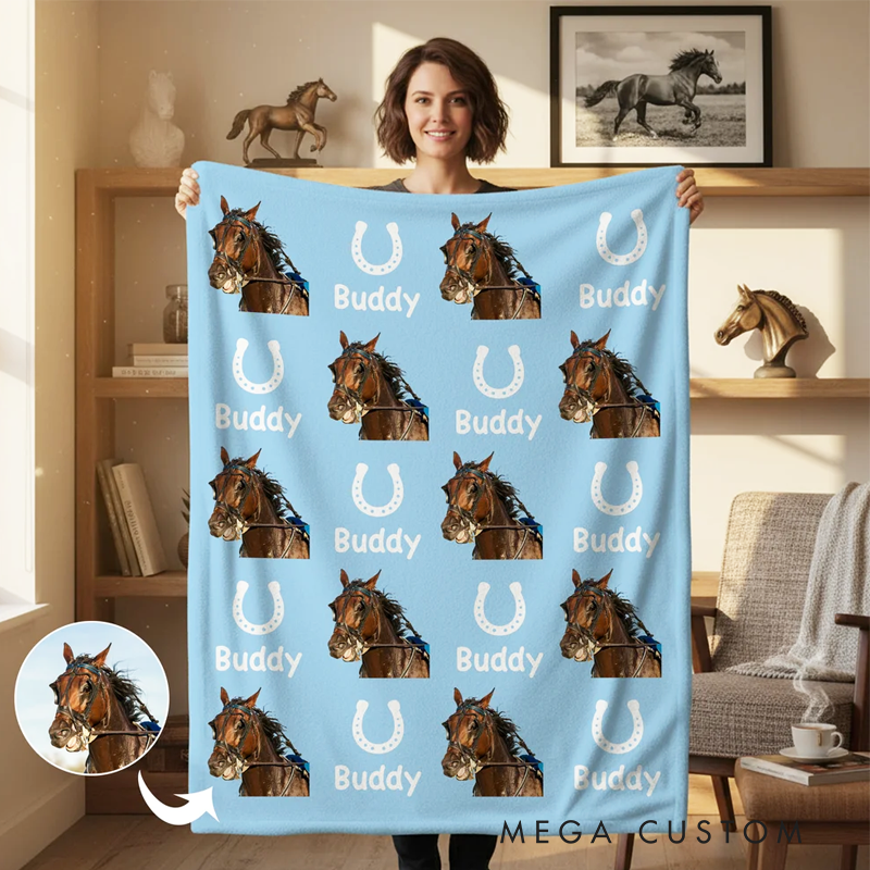 Personalized Horseshoe Horse Face Photo Multicolor Soft Throw Blanket with Name Birthday Anniversary Gift for Horse Owner Lover