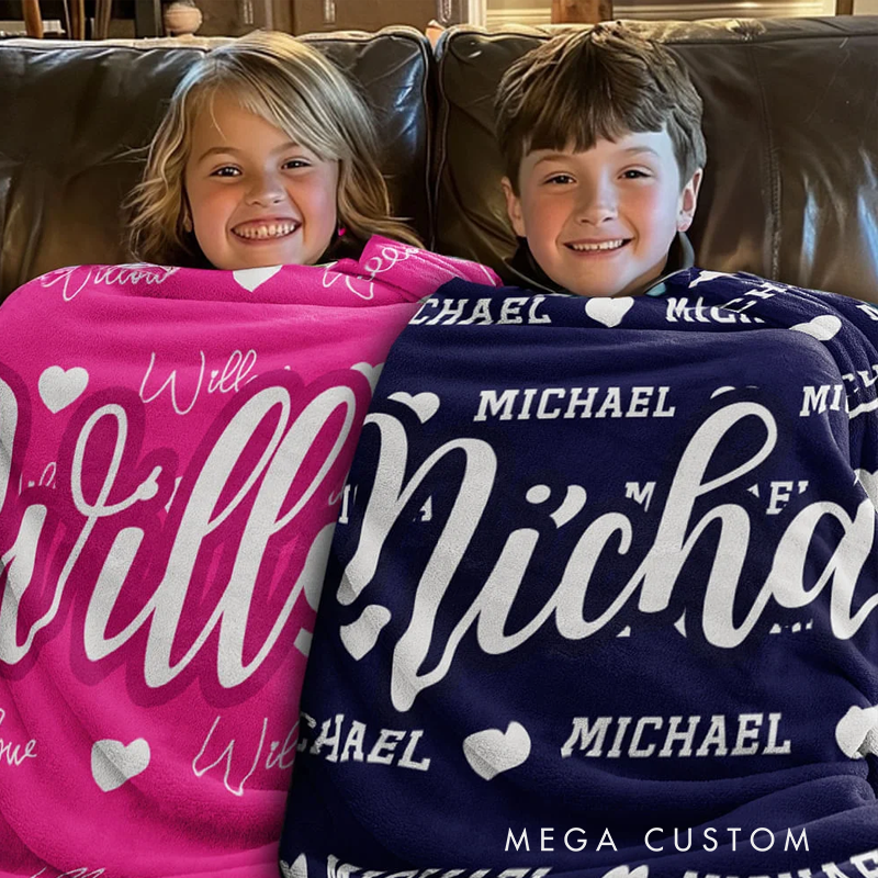 Personalized Heart Icon Multicolor Name Soft Throw Blanket Birthday Christmas Gift for Boys Girls Family