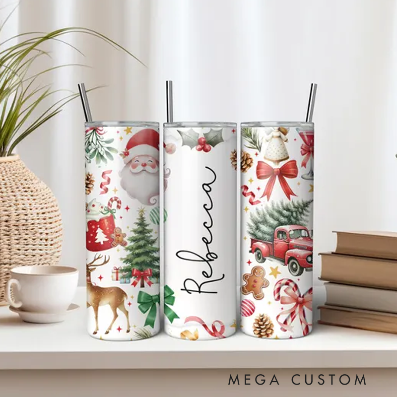 Personalized Name Santa Tumbler 20oz Merry Christmas Skinny Tumbler With Lid and Straw New Year Holiday Gift Xmas Tumbler Cup