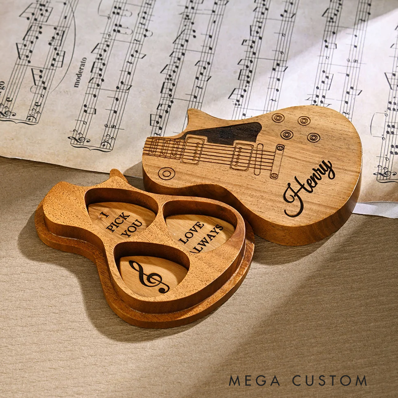Personalized Wooden Guitar Picks with Storage Case Engraved Holder Box for Pick Set Gift for Guitar Player Musician Birthday Gift Idea