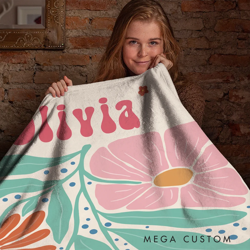 Personalized Retro Boho Watercolor Danish Floral Soft Throw Blanket with Name Home Decor Birthday Holiday Gift for Friends Family