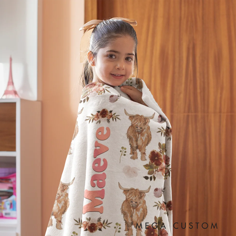 Personalized Cute Highland Cow Soft Cozy Fleece Blanket with Name Baby Shower Christmas Gift for Kids Highland Cow Lover