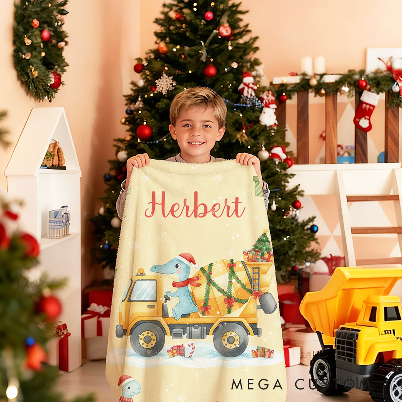 Personalized Cartoon Dinosaur Construction Vehicle Soft Throw Blanket with Name Home Decor Christmas Party Gift for Toddlers Boys