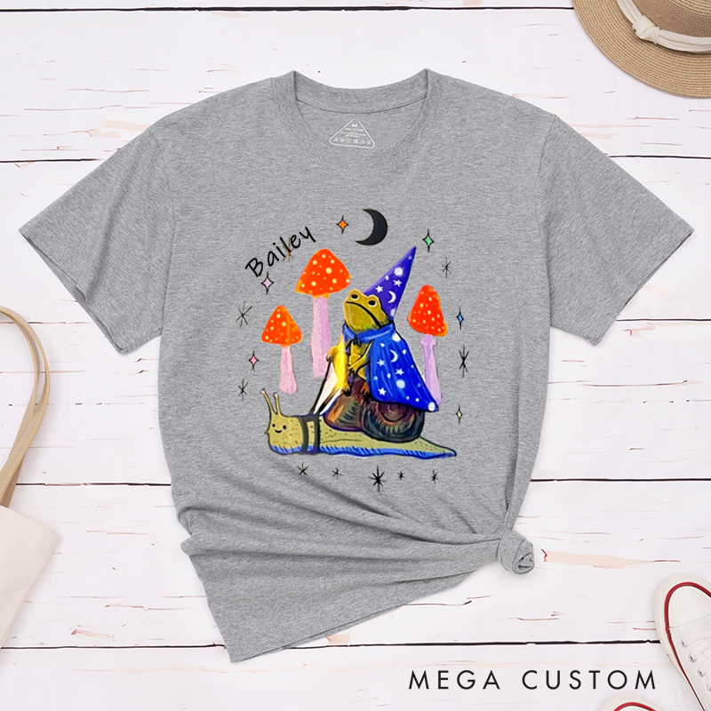 Personalized Wizard Frog Snail Ride Classic T-Shirts Custom Name Magic Fantasy Animal Gift for Nature Lovers Unisex Unique Printed Tee