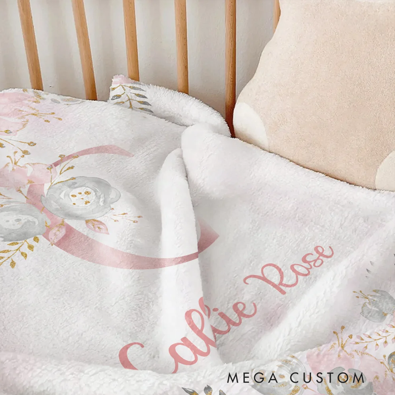 Personalized Pink Floral Soft Throw Blanket with Initial and Name Birthday Baby Shower Gift for Baby Girls