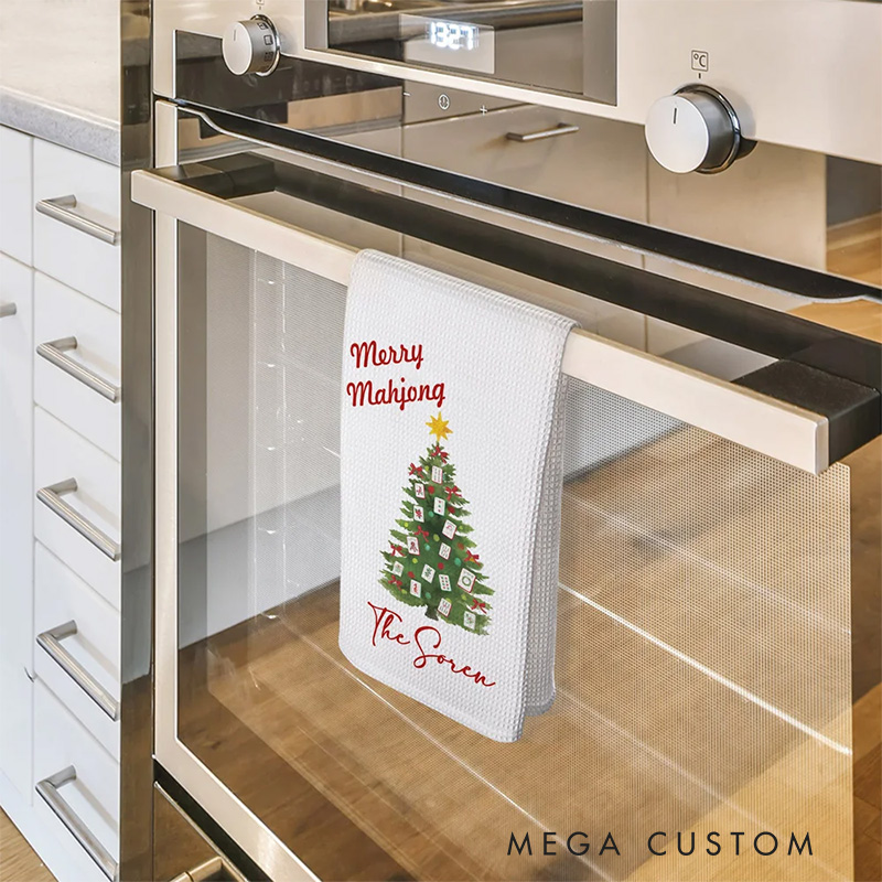 Personalized Bow Garland Christmas Tree Mahjong Waffle Kitchen Towel with Name Baking Tea Dish Towel Holiday Christmas Gift for Family Friend Baking Lover Gift