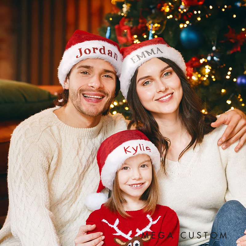 Personalized Soft and Plush Christmas Hat with Glitter Embroidered Name Stocking Stuffer Christmas Party Gift for Family