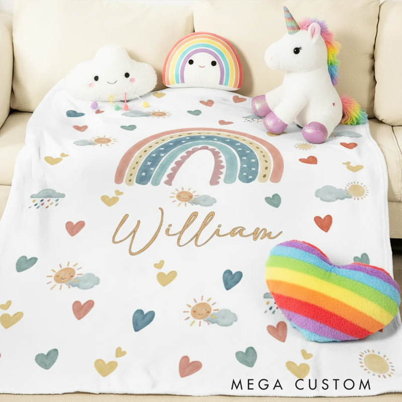 Personalized Heart Cloud Smiling Sun Rainbow Soft Throw Blanket with Name Home Decor Christmas Birthday Gift for Kids