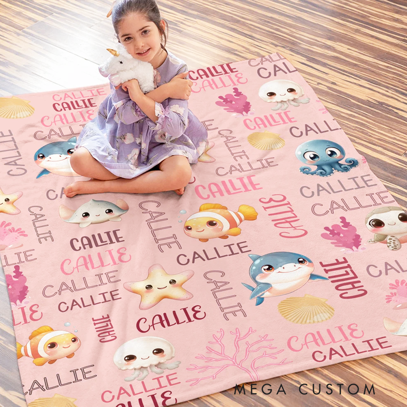 Personalized Cute Marine Animals Design Soft Throw Blanket with Name Home Decor Birthday Christmas Gift for Boys Girls