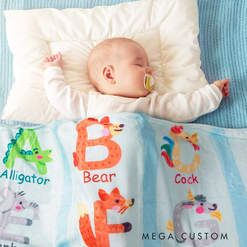 Personalized Zoo Alphabet Enlightenment Education Fleece Soft Blanket with Name Gift for Baby Kid