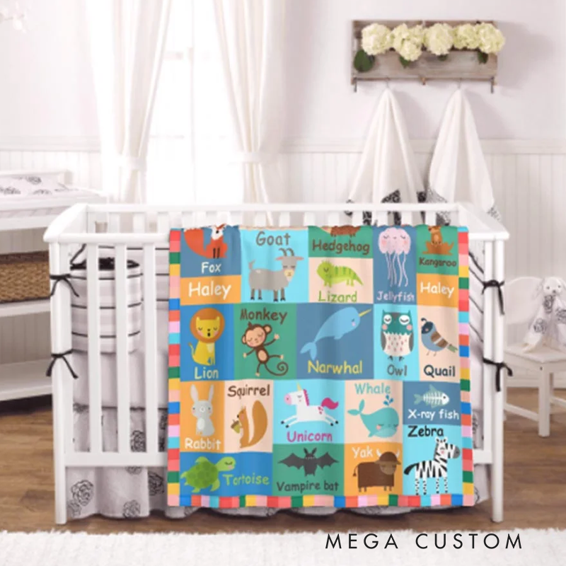 Personalized Kids Animals Alphabet Flannel Blanket with Name