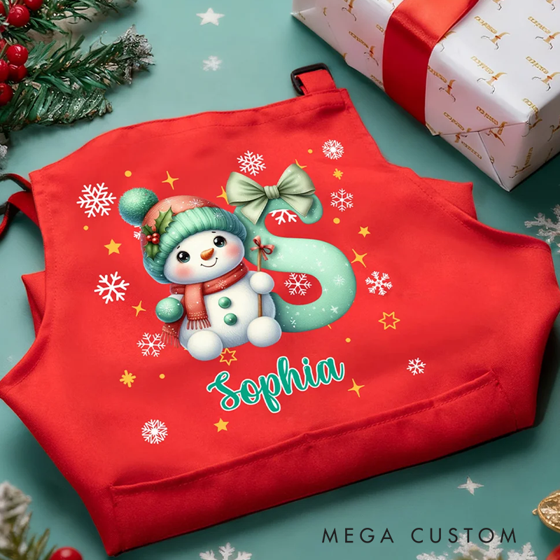 Personalized Cartoon Christmas Hat Snowman Initial Adjustable Kid Apron Chef Hat Set with Name and Pocket for Cooking Christmas Gift for Kids